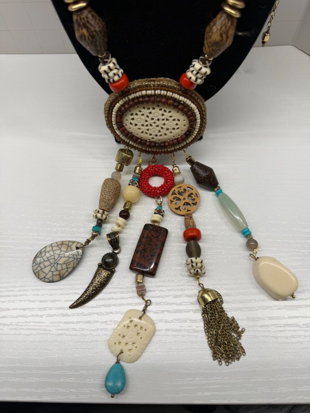Chico's Bohemian Mixed Media Beaded Statement Necklace Multi-Charm Tassel - Picture 3 of 5
